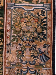 Flanderin kuvakudos. Sarjan tarina Cyrusista. No V -taistelu kahden soturin välillä ja Cyrusin kuolema (Combate de dos guerreros y muerte de Ciro). Anonymous, perustuu Michiel Coxcieen. Atelier Antwerpen. Silkki ja villa. Noin 1590. tekijältä Flemish School