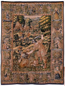 Flanderin kuvakudos. Sarjan tarina Cyrusista. No V -taistelu kahden soturin välillä ja Cyrusin kuolema (Combate de dos guerreros y muerte de Ciro). Anonymous, perustuu Michiel Coxcieen. Atelier Antwerpen. Silkki ja villa. Noin 1590. tekijältä Flemish School
