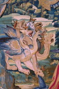 Flanderin kuvakudos. Sarja The Apocalypse: Pyhä Mikael voitti lohikäärmeen. Atelier Willem Dermoyen, Bryssel. Noin 1553-1555. Yksityiskohta. tekijältä Flemish School
