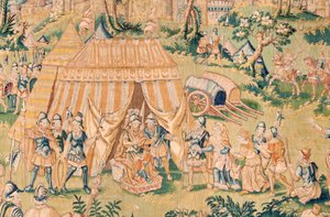 Flanderin kuvakudos. Sarja Judith kirja. Judith ennen Holofernes (Judith ante Holofernes). Sarjan viides kuvakudos. Valmistus Alankomaat, Bryssel(?). 1500-luvun toinen puoli. Kangas Villa. Sijainti Pyhän Nikolauksen Barilaisen kirkko (mus tekijältä Flemish School