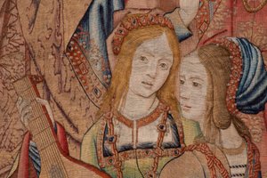 Flanderin kuvakudos. Sarja Daavidin ja Batseban historia. Profeetta Nathan tuomitsee kuningas Daavidin (El profeta Natán reprende a David). Sarjan kolmas paneeli. Nimetön malli. Valmistus tuntematon, Bryssel. 1505. Kangas Kulta, silkki ja villa. tekijältä Flemish School