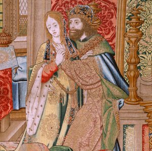 Flanderin kuvakudos. Sarja Daavidin ja Batseban historia. Daavidin ja Batseban avioliitto (Casamiento de David y Betsabé). Sarjan toinen paneeli. Nimetön malli. Valmistus tuntematon, Bryssel. 1505. Kangas Kulta, silkki ja villa. tekijältä Flemish School