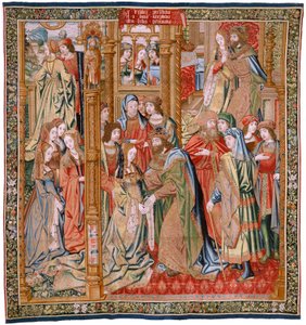 Flanderin kuvakudos. Sarja Daavidin ja Batseban historia. Daavidin ja Batseban avioliitto (Casamiento de David y Betsabé). Sarjan toinen paneeli. Nimetön malli. Valmistus tuntematon, Bryssel. 1505. Kangas Kulta, silkki ja villa. tekijältä Flemish School