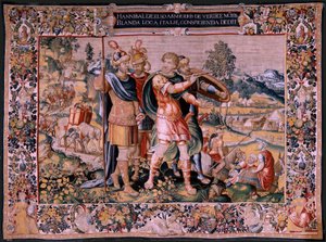 Flanderin kuvakudos. Sarja Hannibalin historia. Alppien ylitys (Paso de los Alpes). Toinen säilöttyjen kuvakudos. Mallit Anonyymi Hollannin mestari. Brysselin valmistus, työpaja. Noin 1570. Kangas Villa ja silkki, 6,5/7 loimia per tekijältä Flemish School