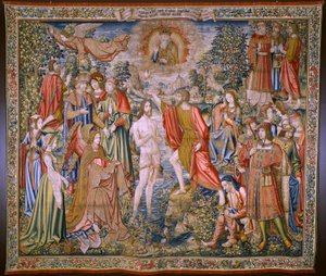Flanderin kuvakudos. Sarja Pyhän Johannes Kastajan historia: Kristuksen kaste (Het doopsel van Christus). Brysselin ateljee. 1515-1520. tekijältä Flemish School