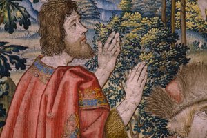 Flanderin kuvakudos. Sarja Pyhän Johannes Kastajan historia: Kristuksen kaste (Het doopsel van Christus). Brysselin ateljee. 1515-1520. tekijältä Flemish School