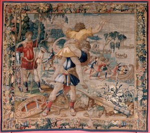 Flanderin kuvakudos. Sarja Herkuleen työt. Hercules ja Antaeus (Hércules y Anteo). Neljäs kuvakudos säilyneestä sarjasta. ; Malli Tuntematon. Valmistus Willem Dermoyen, Bryssel. Noin 1528. Kangas Silkki ja villa. Koko 362 x 403 cm. Sijainti Kuninkaanlinna tekijältä Flemish School