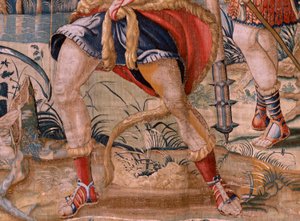 Flanderin kuvakudos. Sarja Herkuleen työt. Hercules ja Stymphalian linnut (Hércules y las aves del lago Estínfalo). Ensimmäinen kuvakudos olemassa olevasta sarjasta. Malli Tuntematon. Valmistus Willem Dermoyen, Bryssel. Noin 1528. Kangas Silkki ja villa. ; tekijältä Flemish School