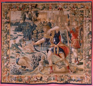 Flanderin kuvakudos. Sarja Herkuleen työt. Hercules ja Stymphalian linnut (Hércules y las aves del lago Estínfalo). Ensimmäinen kuvakudos olemassa olevasta sarjasta. Malli Tuntematon. Valmistus Willem Dermoyen, Bryssel. Noin 1528. Kangas Silkki ja villa. ; tekijältä Flemish School