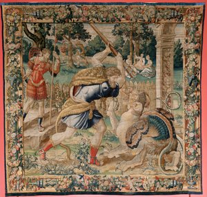 Flanderin kuvakudos. Sarja Herkuleen työt. Hercules Hesperides-puutarhassa (Hércules en el jardín de las Hespérides). Viides kuvakudos säilyneestä sarjasta. Malli Tuntematon. Valmistus Willem Dermoyen, Bryssel. Noin 1528. Kangas Silkki ja villa. tekijältä Flemish School