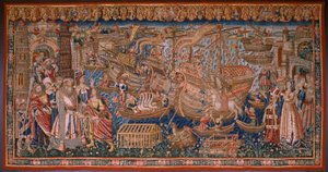 Flanderin kuvakudos. Sarja Portugalilaiset Intiassa: Saapuminen Calicutiin (Aankomstista Calicutista, Llegado de Vasco de Gamasta Lissaboniin). Ca 1510. Kokoelma Caixa Geral de Depósitos, Lissabon. tekijältä Flemish School