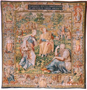Flanderin kuvakudos. Sarja Seitsemän hyvettä. Raittius (La Templanza). Malli perustuu Michiel Coxcieen. Valmistus Brysselissä. Valmistaja Frans Geubels. Ca1560-1570. Kangas Silkki ja villa. Koko 330 x 320 cm. Sijainti Burgosin katedraali. Alkuperä Testamen tekijältä Flemish School