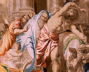 Flanderin kuvakudos. Sarja Eukaristian voitto. Eukaristian voitto pakanauhreista (Victoria de la Eucaristía sobre los sacrificios paganos). Sarjan neljäs kuvakudos. Malli Peter Paul Rubens. 1626-1628. Valmistus Jan II Raes, Jac tekijältä Flemish School