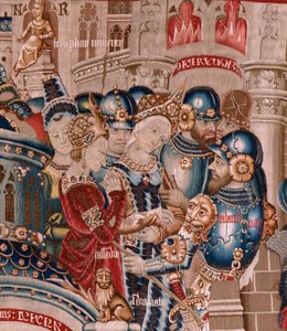 Flanderin kuvakudos. Sarja Troijan sota. Troijan tuho (Destrucción de Troya). Sarjan yhdestoista kuvakudos. Malli Coëtivy Master (Henry tai Conrard de Vulcop). Valmista Tournai työpajoja. Noin 1470. Kangas Villaa ja silkkiä, 6/7 loimi/cm. tekijältä Flemish School