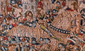 Flanderin kuvakudos. Sarja Troijan sota. Troijan tuho (Destrucción de Troya). Sarjan yhdestoista kuvakudos. Malli Coëtivy Master (Henry tai Conrard de Vulcop). Valmista Tournai työpajoja. Noin 1470. Kangas Villa ja silkki, 6/7 loimi/cm. tekijältä Flemish School