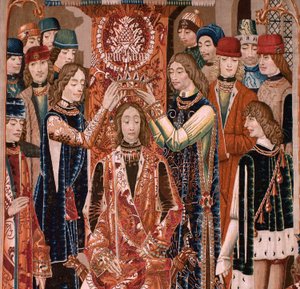 Flanderin kuvakudos. Tuntematon sarja. Rooman historia? Tarquinius Priscus (Tarquino Prisco). Valmistetaanko Brysselin työpajoja?. Noin 1475. Kangas Villa ja silkki, 6 loimi/cm. Alkuperä Kreivi Alba de Alisten lahjoitus, se saapui katedraaliin vuonna 1608. tekijältä Flemish School