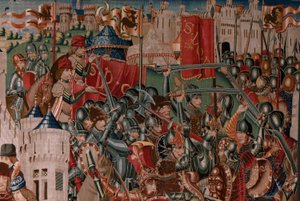 Flanderin kuvakudos. Tuntematon sarja. Rooman historia? Tarquinius Priscus (Tarquino Prisco). Valmistetaanko Brysselin työpajoja?. Noin 1475. Kangas Villa ja silkki, 6 loimi/cm. Alkuperä Kreivi Alba de Alisten lahjoitus, se saapui katedraaliin vuonna 1608. tekijältä Flemish School