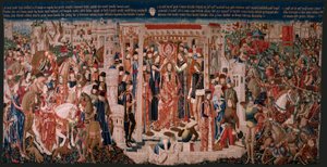 Flanderin kuvakudos. Tuntematon sarja. Rooman historia? Tarquinius Priscus (Tarquino Prisco). Valmistetaanko Brysselin työpajoja?. Noin 1475. Kangas Villa ja silkki, 6 loimi/cm. Alkuperä Kreivi Alba de Alisten lahjoitus, se saapui katedraaliin vuonna 1608. tekijältä Flemish School