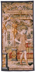 Tapís flamenc. Sèrie Vertumnus i Pomona. No II Vertumnus transformat en granger (Vertumno y Pomona II Vertumno transformado en agricultor) no1 part esquerra. Models Cercle de Pieter Coecke Van Aelst i Léonard Thiry. Atelier desconegut, Brussel·les. Or, fin tekijältä Flemish School