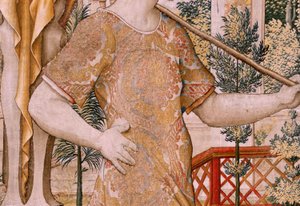 Flanderin kuvakudos. Sarjat Vertumnus ja Pomona. No II Vertumnus muuttui viljelijäksi (Vertumno y Pomona II Vertumno transformado en agricultor) no1 vasen osa. Mallit Circle of Pieter Coecke Van Aelst ja Léonard Thiry. Atelier unknown, Bryssel. Kulta, tekijältä Flemish School