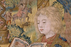 Flanderin kuvakudos. Neitsyt lapsen kanssa ja enkelit (Neitsyt lapsen ja enkelin kanssa, Maria tapasi Kindin engelenissä). Noin tekijältä Flemish School