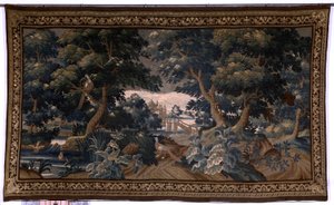 Flanderin kuvakudos. kestää. rakkauskohtaus. Oudenaarde. 1700-luvun loppu - 1700-luvun alku. Kirkon omaisuus Sint-Walburgakerk Oudenaarde (Dekenij van de Sint-Walburga). Yksityiskohta tekijältä Flemish School