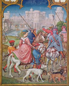 Fol.8v Elokuu: Lähdöt metsästämään, Breviarium Grimanista, n. 1515 tekijältä Flemish School
