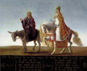 ""Jeesus edustettuna aasilla hevosella rikkaasti pukeutuneen paavin rinnalla"" Luterilainen karikatyyri paavia vastaan ​​- Anonyymi maalaus