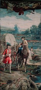 Maisema, jossa taistelukohtaus ja hevonen ja kärryt etualalla, "Sotatiede" -sarjasta, Judocus de Vosin työpaja, n. 1715-24 (kuvakudos) tekijältä Flemish School