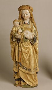 Madonna ja lapsi, School of Mechelen, n. 1500 (monivärinen ja kullattu tammi) tekijältä Flemish School