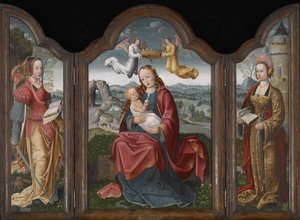 Madonna ja lapsi, St. Barbara ja St. Catherine, n. 1520 (öljy paneelille) tekijältä Flemish School