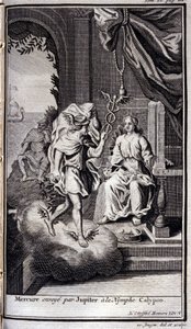 Jupiterin lähettämä Merkurius nymfi Calypsolle. Kuvitus kirjaan V Homeroksen Odysseiasta, Odysseiassa, julkaistu Amsterdamissa vuonna 1731, Collection privee Milan. tekijältä Flemish School