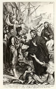 Michael Rogerius (1543-1607) ja Matthaeus Riccius (1552-1610) saapuvat Kiinan rannikolle, kuva P. Cornelius Hazartin kirkon historiasta, julkaistu Antwerpenissä, 1668 tekijältä Flemish School