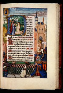 Ms 1058-1975, f.74r: Kuningas Daavid rukoilee Neitsyttä ja lasta ja historiallinen alkukirjain D, joka kuvaa Eevan luomista, Tuntien kirjasta, Bruggesta, n. 1510 (kultamuste ja tempera pergamentilla) tekijältä Flemish School
