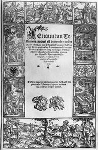 Antwerpenissä vuonna 1531 julkaistun Jacques Lefevre dEtaplesin (1450–1537) ranskankielisen käännöksen Uuden testamentin otsikkosivu tekijältä Flemish School
