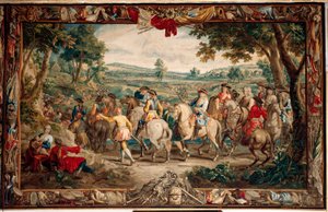 Palatsi (Schlossanlage Schleißheim). Flanderin kuvakudos. Brysselin ateljee Judocus De Vos. Suunnittelija Lambert De Hondt. Marssi (La Marche). 400x640cm. Villaa ja silkkiä. Noin 1715-1724. tekijältä Flemish School