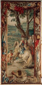 Palatsi (Schlossanlage Schleissheim). Flanderin kuvakudos. Brysselin studio Judocus De Vos. Suunnittelija Lambert De Hondt. Maximilian II Emanuel (Maximilian Emmanuel ja kaksi jalkaväkeä). 400x175 cm. Villa ja silkki. Noin 1715-1724. tekijältä Flemish School