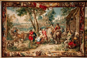 Palatsi (Schlossanlage Schleißheim). Flanderin kuvakudos. Brysselin ateljee Judocus De Vos. Suunnittelija Lambert De Hondt. Ryöstö (ryöstö). 400x595cm. Villa ja silkki. Noin 1715-1724. tekijältä Flemish School