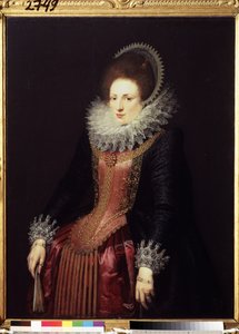 ""Muotokuva naisesta tuulettimen kanssa" (Muotokuva naisesta tuulettimella) varakas nainen, yllään röyhelö ja kirjailtu mekko. Flanderin koulun maalaus noin 1610. Pushkin-museo, Moskova tekijältä Flemish School
