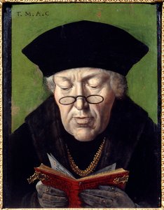 Humanistin Thomas Moren (1478-1535) muotokuva. Humanistia edustaa lasit lukemassa kirjaa. Flanderin koulun maalaus tekijältä Flemish School