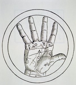 Planeettojen sijainti oikealla kädellä, kopio piirroksesta De Occulta Philosophia Libri III:sta, Henricus Cornelius Agrippa, Antwerpen 1533, käytetty Taikuuden historiassa, julkaistu 1800-luvun lopulla tekijältä Flemish School
