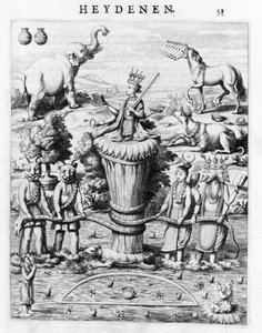 Samudramathana, johon osallistuu Deva (Surya, Shiva, Vishnu, Brahma) demonien ja alusten kanssa. Baldaeus Philippus Afgoderye der oost-indische Heydenenin mukaan. Amsterdam 1672 tekijältä Flemish School