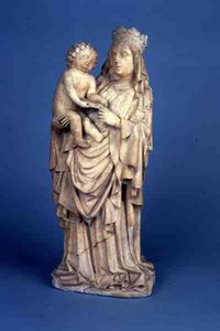 Veistos Madonnasta ja lapsesta Liegestä tai Maasin laaksosta (alabasteri) tekijältä Flemish School