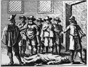 Kidutukselle antautunut velho - kaiverrus vuodelta 1725 kirjaan "" La Sorcellerie demasquee"" (