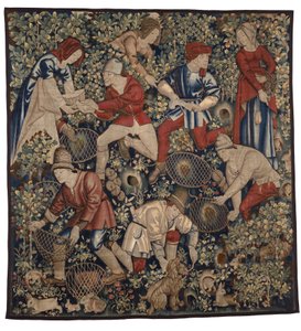 Kuvakudos, joka kuvaa talonpoikia metsästämässä kaneja frettien kanssa, Tournai, n. 1450-75 (villa) tekijältä Flemish School
