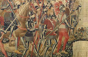 Kuvakudos, joka esittää Portugalin kuninkaan Alfonso V:n valloitukset (Conquistas de Alfonso V de Portugal), Tournaissa. Yksityiskohta. (villa ja silkki) tekijältä Flemish School