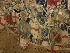 Kuvakudos, joka esittää Portugalin kuninkaan Alfonso V:n valloitukset (Conquistas de Alfonso V de Portugal), Tournaissa. Yksityiskohta. (villa ja silkki) tekijältä Flemish School