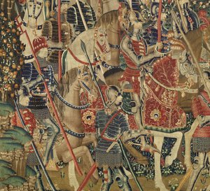 Kuvakudos, joka esittää Portugalin kuninkaan Alfonso V:n valloitukset (Conquistas de Alfonso V de Portugal), Tournaissa. Yksityiskohta. (villa ja silkki) tekijältä Flemish School