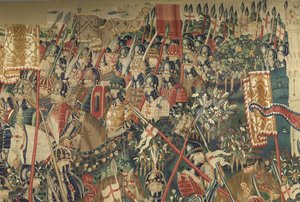 Kuvakudos, joka esittää Portugalin kuninkaan Alfonso V:n valloitukset (Conquistas de Alfonso V de Portugal), Tournaissa. Yksityiskohta. (villa ja silkki) tekijältä Flemish School