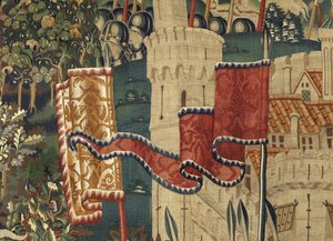 Kuvakudos, joka esittää Portugalin kuninkaan Alfonso V:n valloitukset (Conquistas de Alfonso V de Portugal), Tournaissa. Yksityiskohta. (villa ja silkki) tekijältä Flemish School